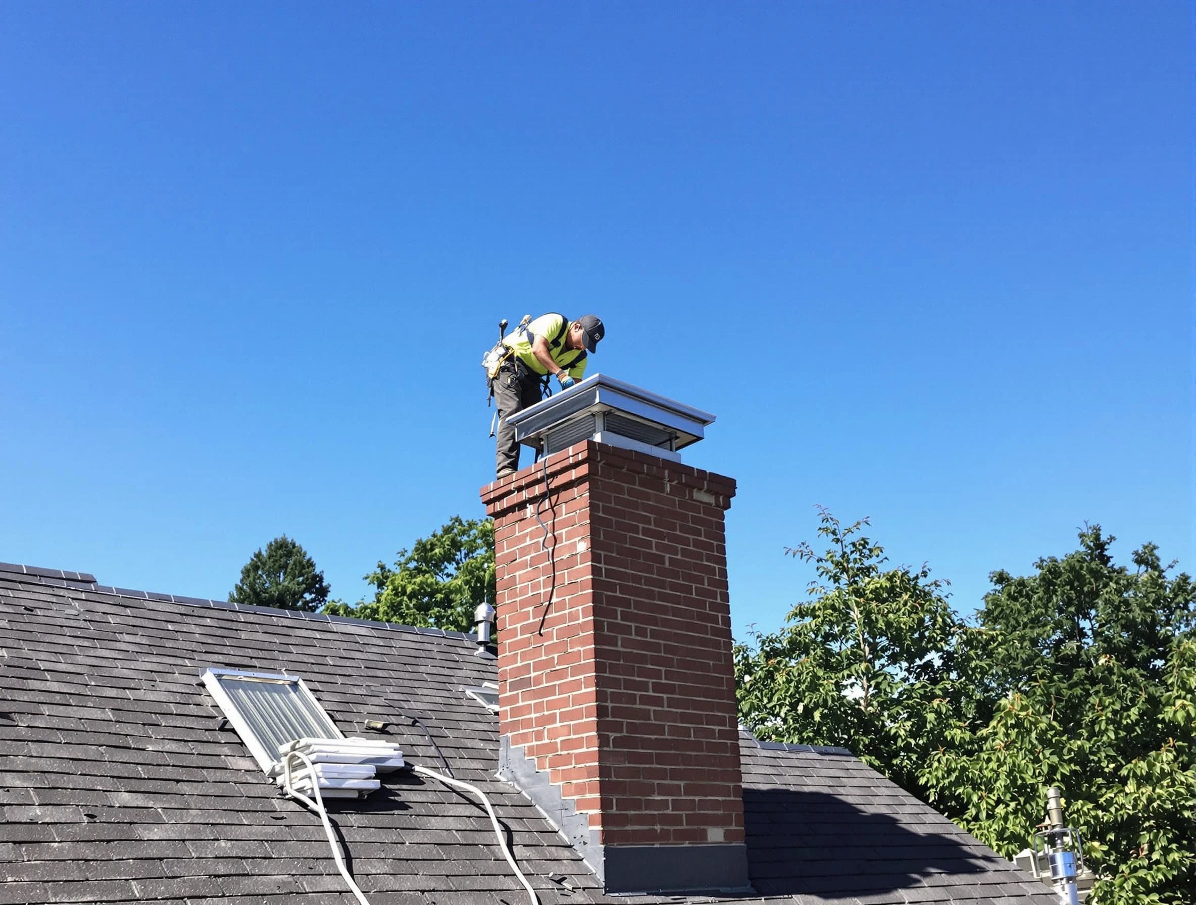 Beaver Falls Chimney Sweep technician measuring a chimney cap in Beaver Falls, PA